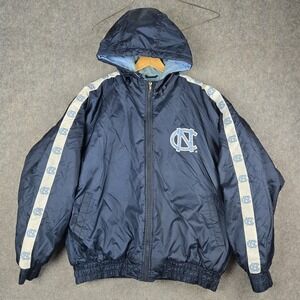 Vintage UNC Tar Hells Fan Gear Jacket Mens XL Blue Puffer Spellout Sleeve Hit 90